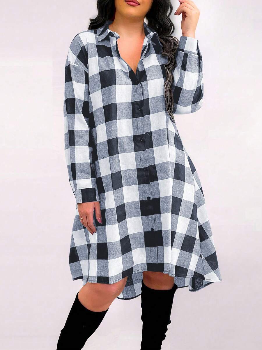 Calvaya Kích thước lớn Bản in Gingham Cổ áo có khía Đầm - Nhiều màu - Xem 1