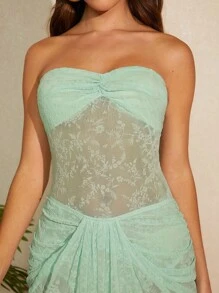 L'Amorae Conjunto Feminino Sólido De Duas Peças Com Renda Plissada Transparente - Verde Menta - Visão 3