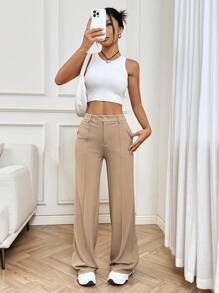 SHEIN EZwear Women's Straight Leg Suit Trousers With Exposed Seams In Fall/Winter - Khaki - View 3