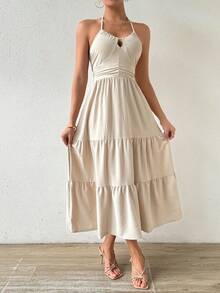 SHEIN Privé 中长款挂脖连衣裙 - 杏色 - 查看 3