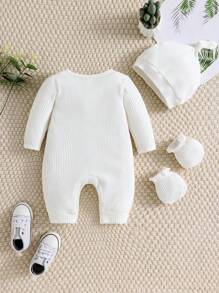 SHEIN Baby Boy Letter Printed Jumpsuit With Hat And Mittens - White - View 2