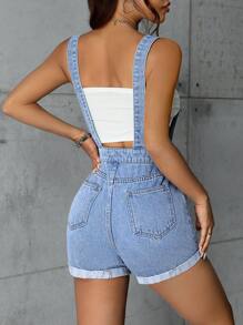 SHEIN PETITE 女款收口牛仔吊帶短褲，適合嬌小女性 - 淺色水洗藍 - 查看 2