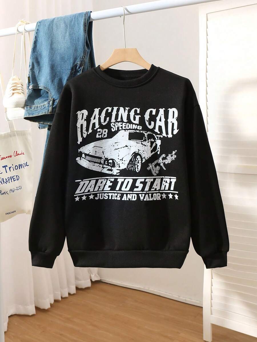 SHEIN Unity Sudadera básica de mujer con cuello redondo, forro térmico y estampado de letras automotriz - Negro - Ver 1