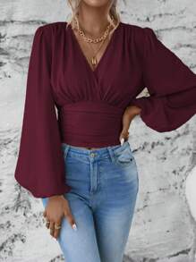 SHEIN Clasi Camisa de manga larga con cintura acaparada y recogida en un solo color