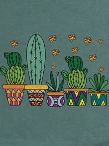 INAWLY Cactus Print Short Sleeve T-Shirt - Dark Green - View 6