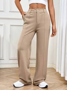 SHEIN EZwear Women's Straight Leg Suit Trousers With Exposed Seams In Fall/Winter - Khaki - View 1