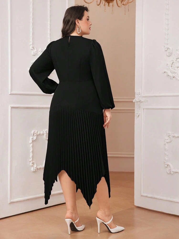 Plus Size Solid Color Lantern Sleeve Dress With Pleated Hem