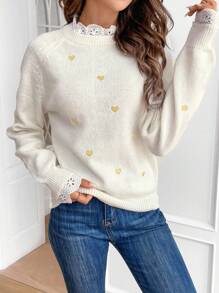 SHEIN Frenchy Women's Heart Embroidery Lace Patchwork Raglan Sleeve Lace Trim Collar Detail Sweater In Fall/Winter Thanks Giving Casual - Yellow - View 3