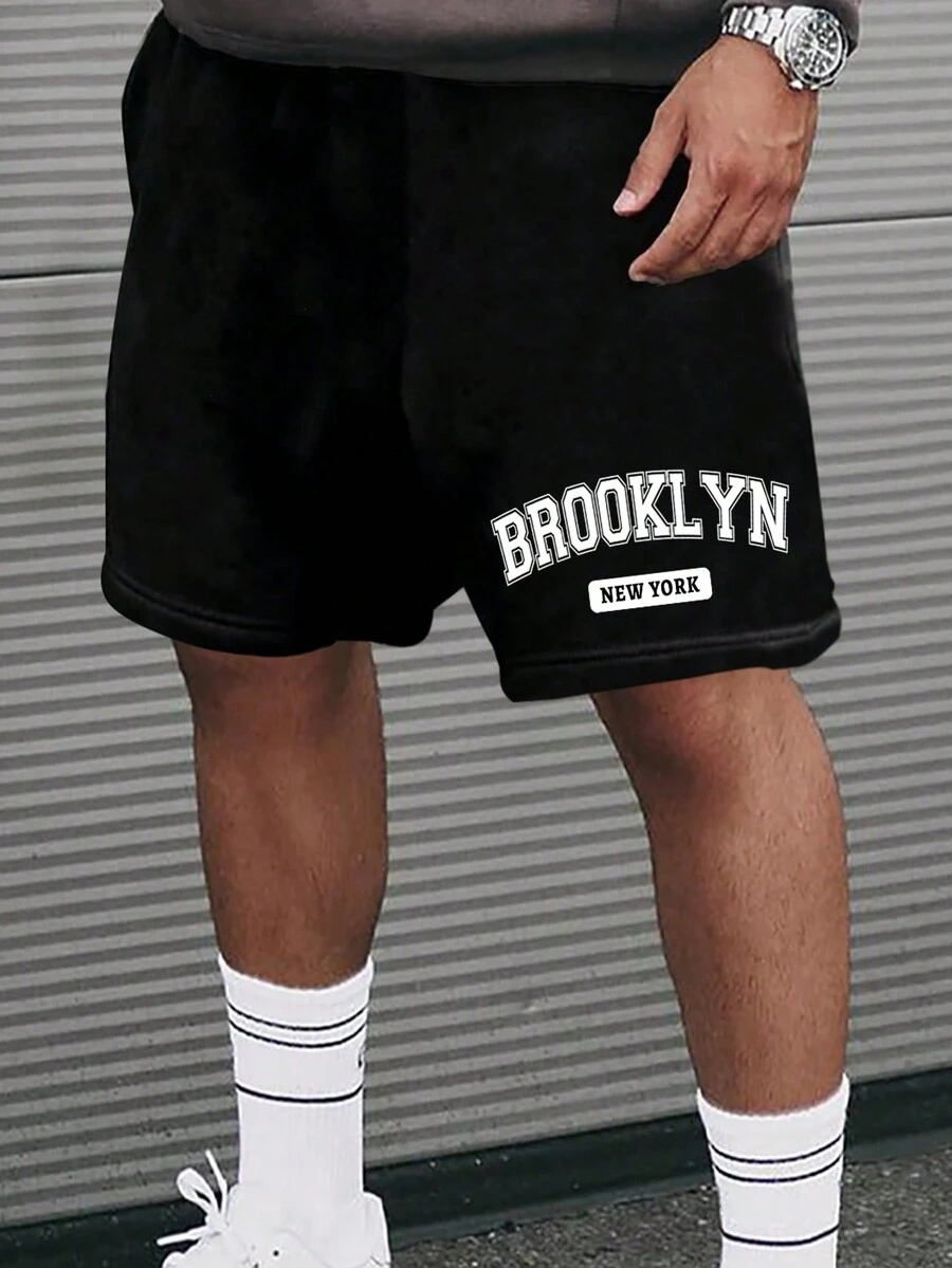 Aesthetic Post 男裝針織彈性腰短褲,帶字母印花設計 - 黑色 - 查看 1