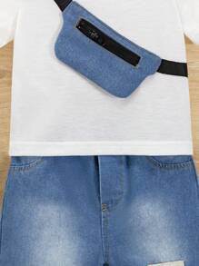 2pcs/Set Spring Summer Baby Boy White Top & Denim Zipper Fixed Bag With Light Wash Jean Shorts Fashionable Boy Outfit