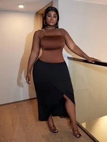 Slaydiva 大码闪亮面料交叉绑带修身背心，派对优雅休闲风格，夏季背心，夏季上衣，夏季衬衫 - 棕色 - 查看 4