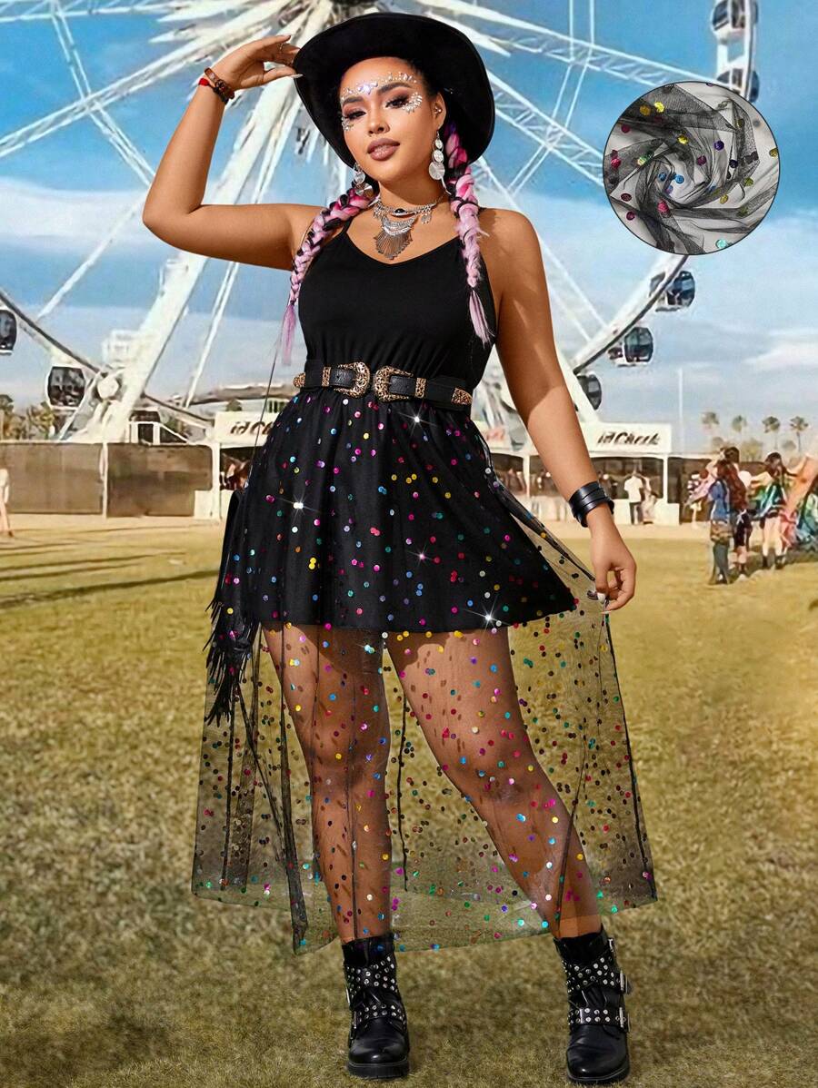 Flirla Váy dây mảnh màu tương phản lưới sequin Boho cỡ lớn dành cho nữ, dành cho mùa hè - màu đen - Xem 1
