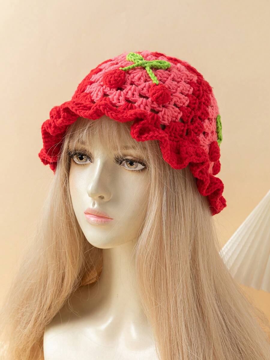 Y2k Fashion Crochet Cherry Knitted Bucket Hat SHEIN USA