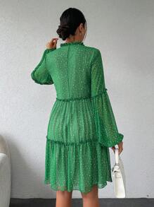 EURMUSE Women's Polka Dot Lantern Sleeve Dress With Tie Neckline And Ruffle Hem - Green - View 2