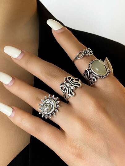 Fairycore 4pcs/Set Vintage Punk Style Sun & Butterfly Shaped Alloy Ring