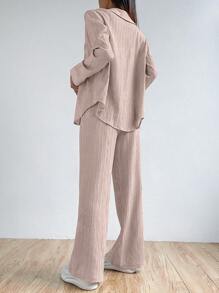 SHEIN EZwear 純色紋理釦扣繡花襯衫和直腳長褲 - 淺粉色 - 查看 2