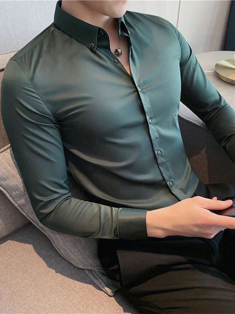 Manfinity Homme Áo sơ mi Nam Nút phía trước Lá thư Giải trí - Màu xanh lá cây đậm - Xem 1