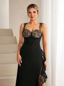 SHEIN Belle Lace Patchwork Knit Slit Hem Ruffle Trim Dress Formal Ball Gown For Women - Black - View 5