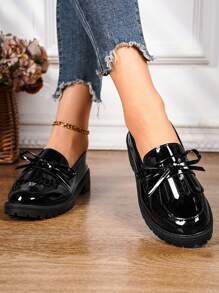 Teens' Casual Flat Loafers, Patent Leather, British Style Round Toe, Slip-On