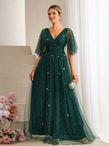 SHEIN Belle V領閃亮露網襯衫帶帝國腰設計禮服晚禮服舞會長派對女裝 - 墨綠色 - 查看 5