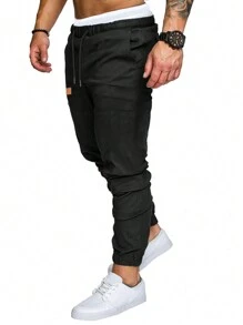Manfinity Homme Loose Fit Men's Patchwork Detail Drawstring Waist Pants, For Fall - Black - View 3