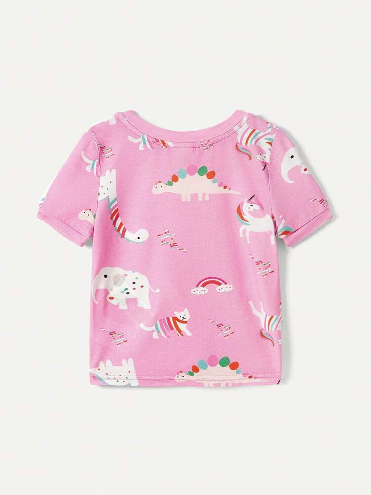 Baby Girl Snug Fit Pajama Set, Cartoon Animal Print Short Sleeve Top And Casual Shorts, 2pcs Matching Set