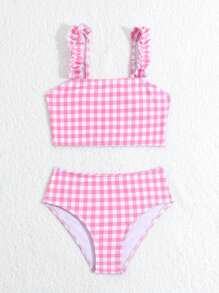 Young Girl Gingham Print Bikini Set With Frill Trim Set Summer Beach - Pink - View 3