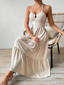 SHEIN Privé 中长款挂脖连衣裙 - 杏色 - 查看 6