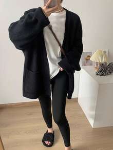 Chaqueta De Punto Suelta De Color Sólido Con Botones Frontales, Versátil Y Minimalista - Negro - Ver 4