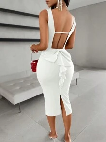 AIJ Vestido midi ajustado sin mangas y con espalda descubierta de Amarilo, con tirantes finos, volantes y abertura en el bajo, de tela elegante para fiesta - Blanco - Ver 2