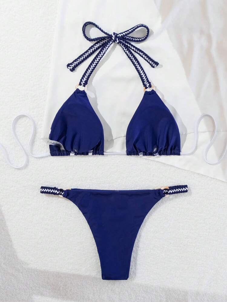 Color Block Halter Triangle Cup Bikini Set Summer