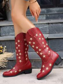 ROMWE Grunge Punk Zabytkowy Gwiazdy Haft Westernowy styl Buty za kostkę Z Gruby Obcasy I Szeroki Wycięcie z kształcie litery V Dla kobiet Rozmiar Plus , Punk I Styl retro - Czerwony - Zobacz 3