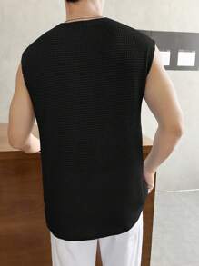 SWAVVY Men's Casual Knitted Waffle Pattern T-Shirt - Black - View 2