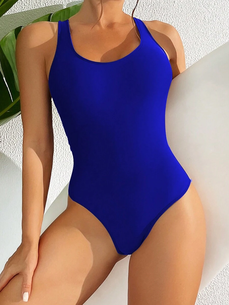 SHEIN Swim Summer Beach Women's Solid Color Hollow Back One-Piece Swimsuit - Royal Blue - View 1