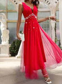 SHEIN Belle Beaded Mesh Contrast Dress For New Year Clothes Maxi Women Outfit - Red - View 5