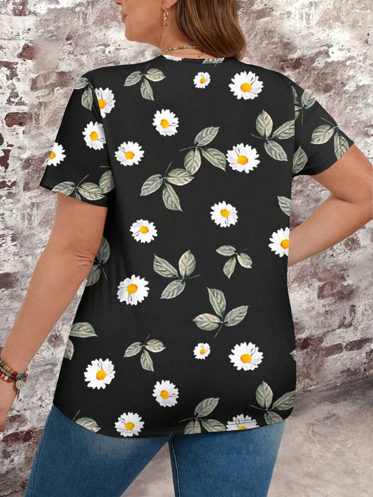 Camiseta de manga corta con estampado de margaritas para mujer de talla grande, casual de verano