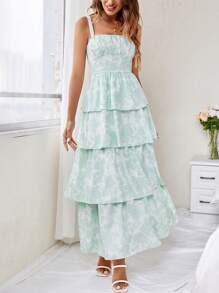 SHEIN Privé Langes mehrlagiges Blumenkleid für Damen, langes Sommerkleid, Blumenkleid, grünes Blumenkleid, romantischer Urlaub, romantische Eleganz, Musikfestival, Swing-Kleid, Gartenparty-Kleidung/Picknick, Osterkleid