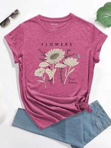 INAWLY Floral And Letter Printed Short Sleeve T-Shirt Graphic Tees Women Tops
