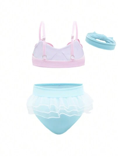 SHEIN GraphicGems 寶寶女孩泳衣套裝，貝殼形荷葉泳衣和泳衣裙，沙灘裝