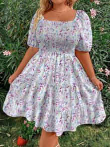 Flirla Đầm tay phồng cổ vuông in hình cỡ lớn - Nhiều màu - Xem 7