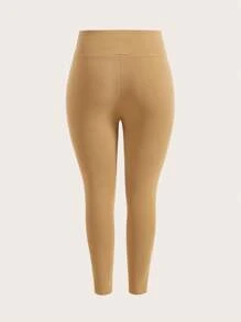 SHEIN Lady Plus Size Women's Knitted Stretchy High Waisted Long Leggings - Camel - View 2