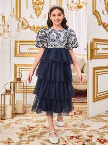 SHEIN Chiếc váy chắp vá cổ tròn xếp nếp dễ thương và tuyệt đẹp dành cho các cô gái Tween - Xanh đậm - Xem 6