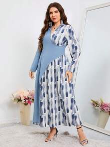 Modelyn Plus Size Printed Patchwork Wrap Dress - Multicolor - View 3
