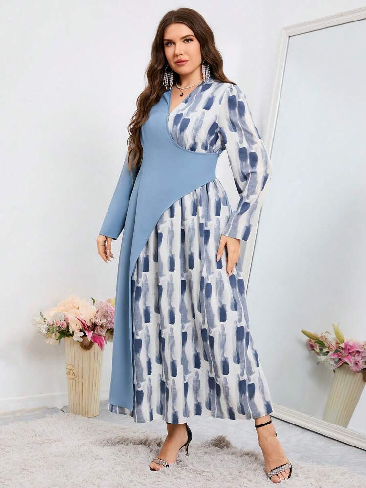 Modelyn Plus Size Printed Patchwork Wrap Dress - Multicolor - View 3