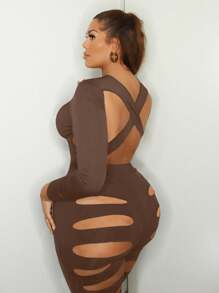 SHEIN SXY Kích thước lớn Của phụ nữ Gợi cảm Xu hướng: Cắt giảm Trở lại Co giãn Xà cạp - màu nâu - Xem 5
