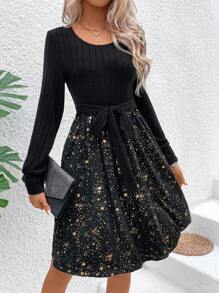 SHEIN Clasi 女士圓領星星印花腰帶搖擺裙 - 黑色 - 查看 1