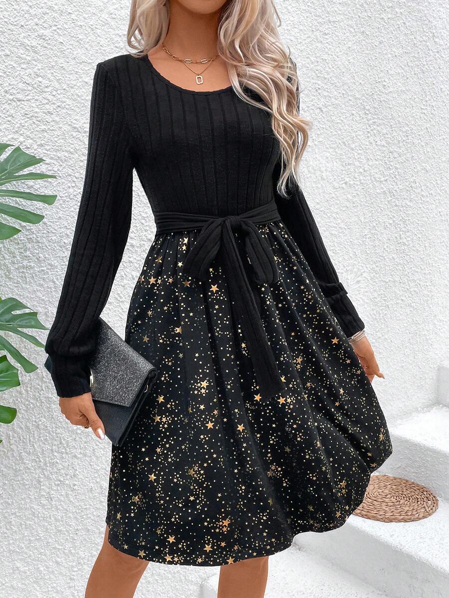 SHEIN Clasi 女士圓領星星印花腰帶搖擺裙 - 黑色 - 查看 1