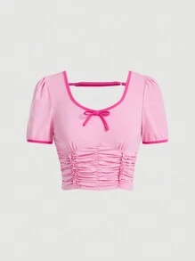 SHEIN MOD 女式短袖 T 恤，带小褶皱、蕾丝花边和泡泡袖 - 粉色 - 查看 1