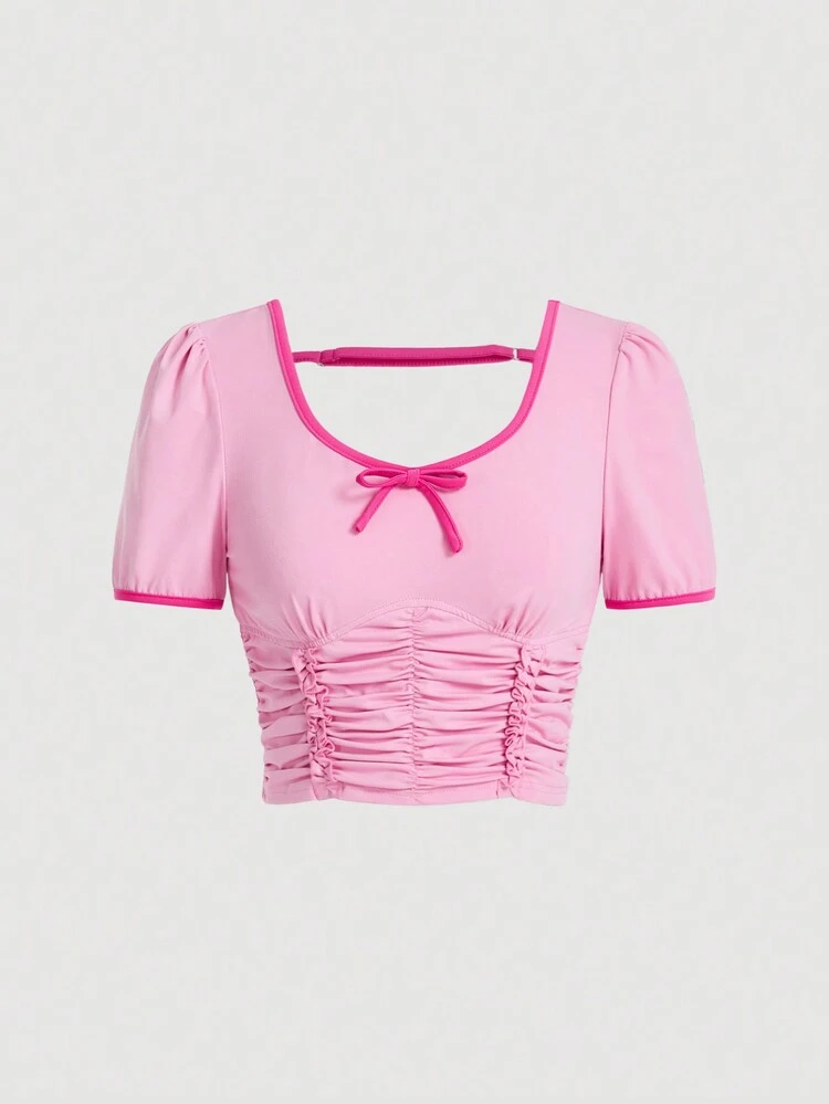 Women's Short Sleeve T-Shirt With Small Pleats, Lace Trim And Puff Sleeves