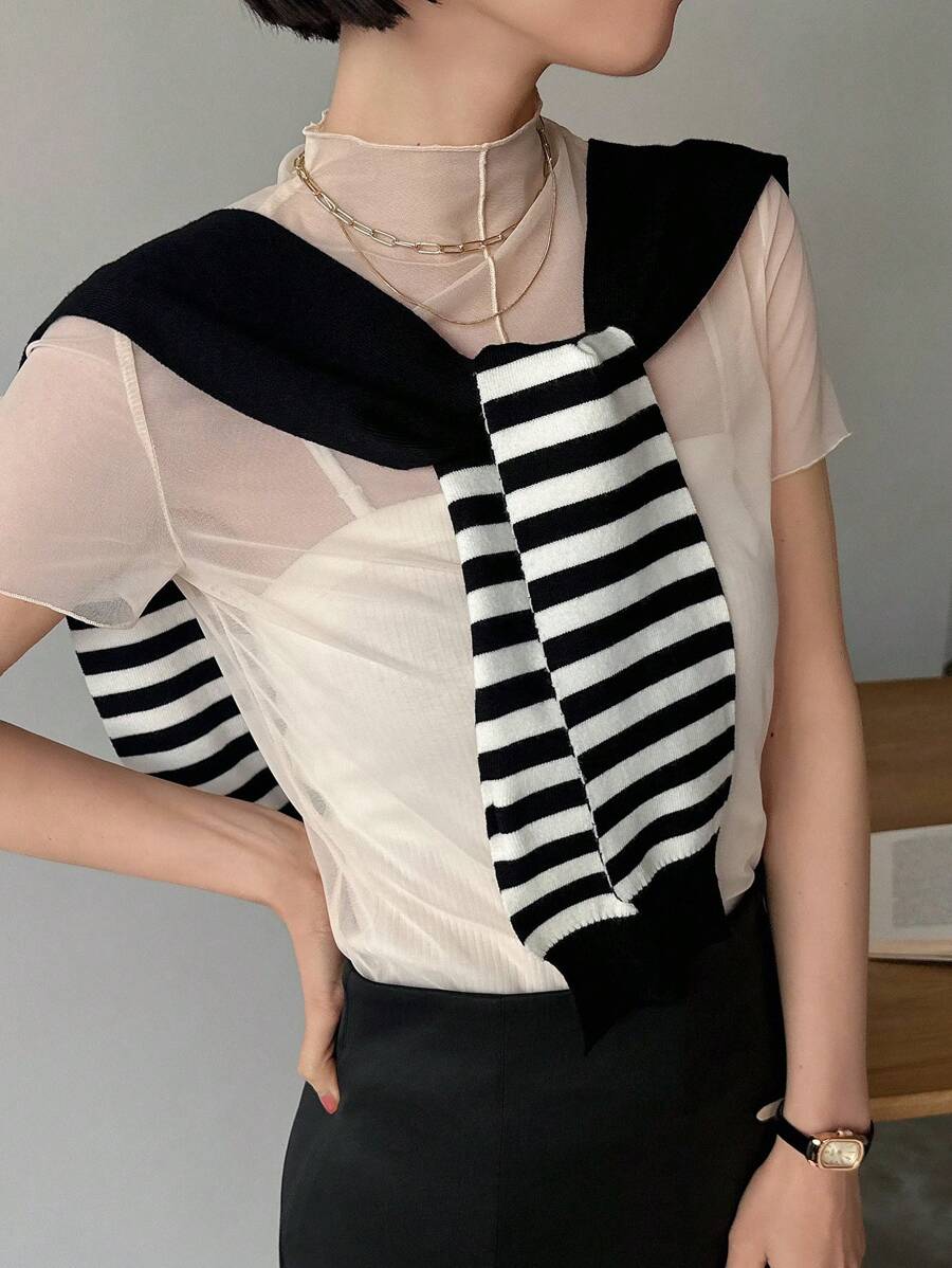 DAZY Patchwork Striped Knit Sweater With Round Neckline - Black - View 1